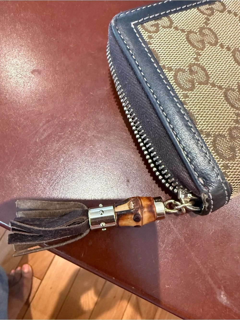Gucci Brown and Beige GG Supreme Zip Wallet with Tassel
